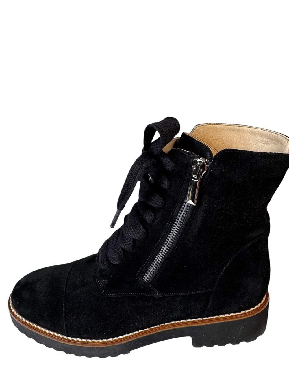 NWT Ron White Black Suede Lace-Up Zip Chunky Lug Sole Platform Boots 38.5/7.5